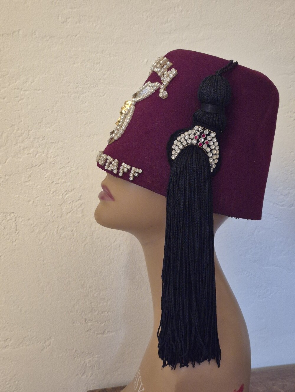 Vintage Burgundy Fez Hat with Black Tassel